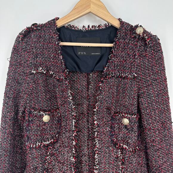 ZARA Long Tweed Jacket Open Front Fringe Trim Military Style Coat Blogger Fav - Picture 4 of 11